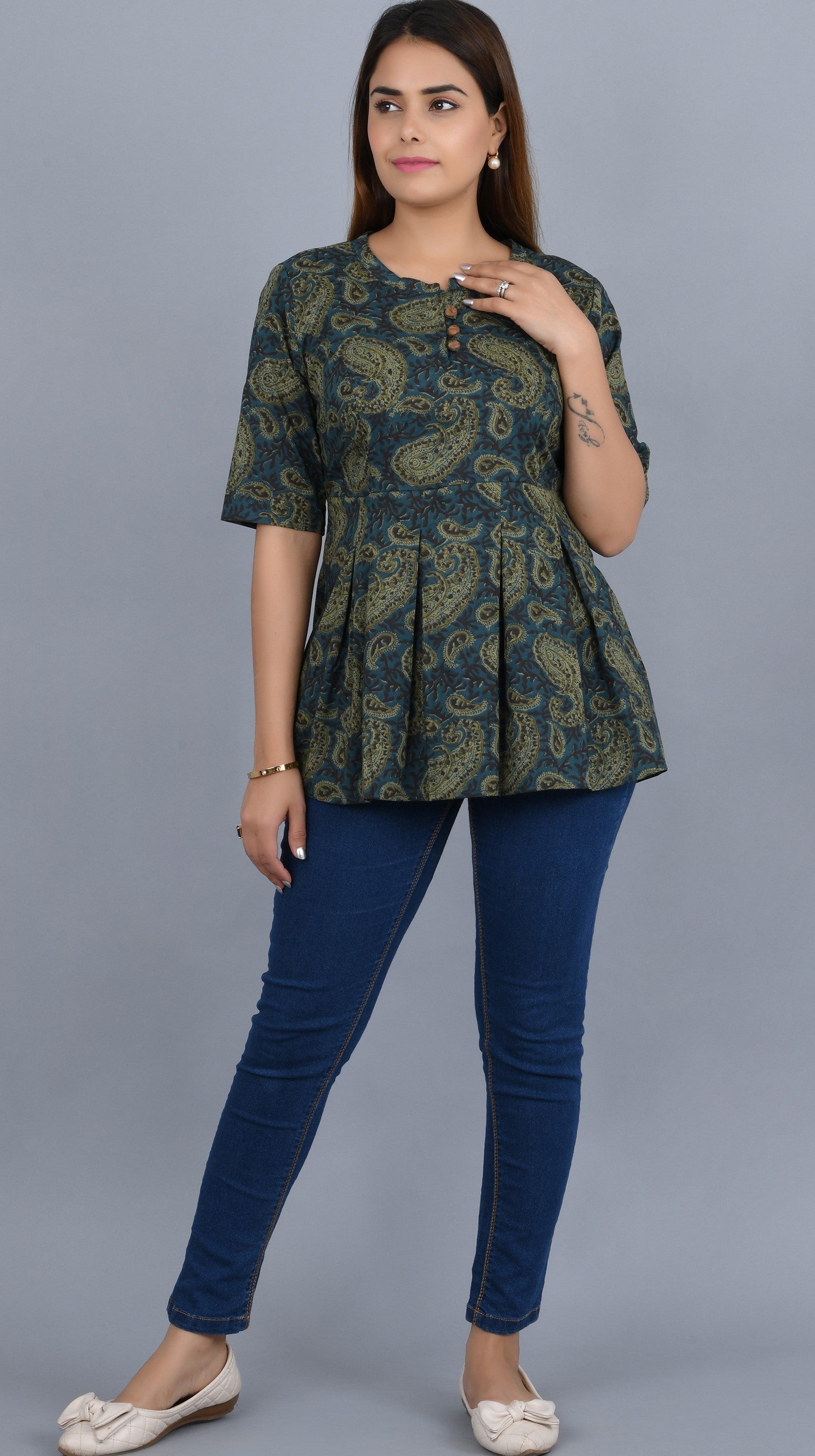 Green Self Printed Cotton Top with 3/4 Sleeves