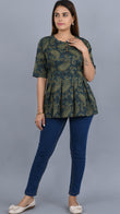 Green Self Printed Cotton Top with 3/4 Sleeves