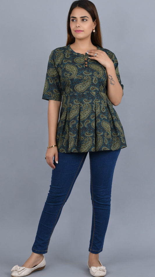 Green Self Printed Cotton Top with 3/4 Sleeves