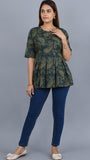 Green Self Printed Cotton Top with 3/4 Sleeves