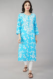 Blue Chikankari Cotton Straight Kurti