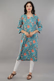 Blue Floral Printed Cotton Straight Kurti