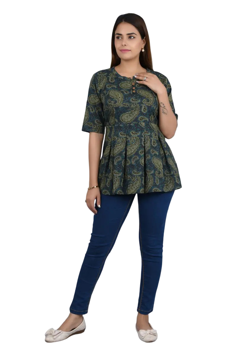 Green Self Printed Cotton Top with 3/4 Sleeves