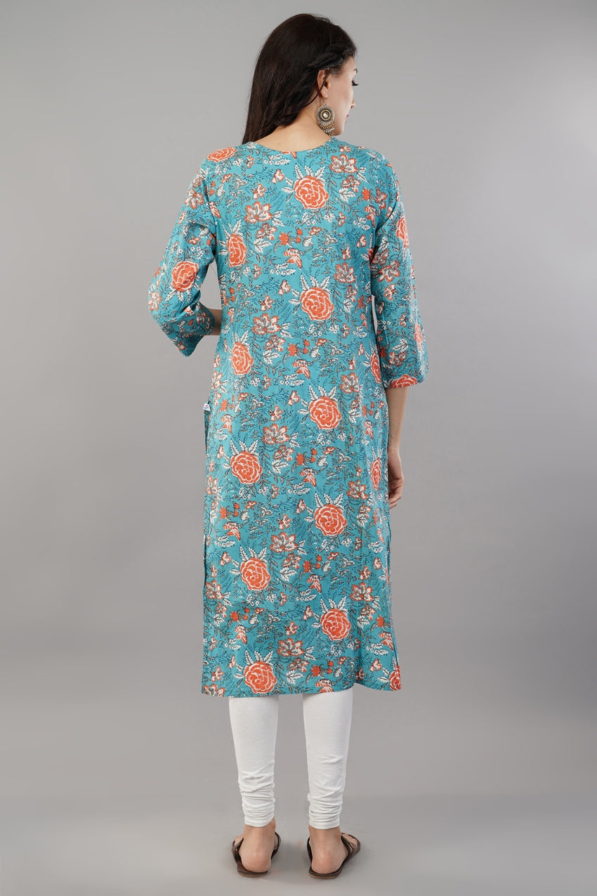 Blue Floral Printed Cotton Straight Kurti