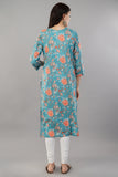 Blue Floral Printed Cotton Straight Kurti