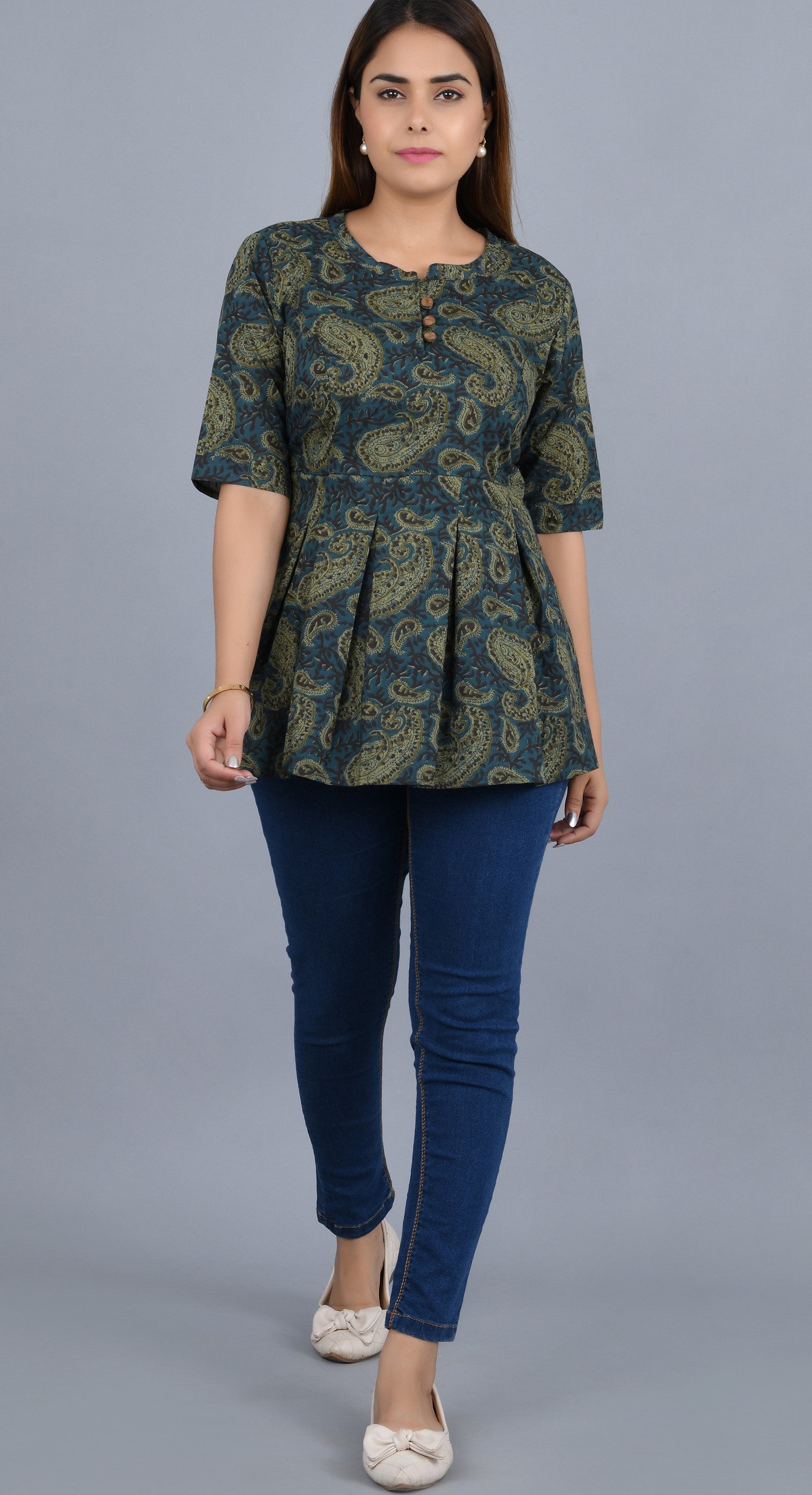 Green Self Printed Cotton Top with 3/4 Sleeves