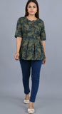 Green Self Printed Cotton Top with 3/4 Sleeves