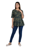 Green Self Printed Cotton Top with 3/4 Sleeves
