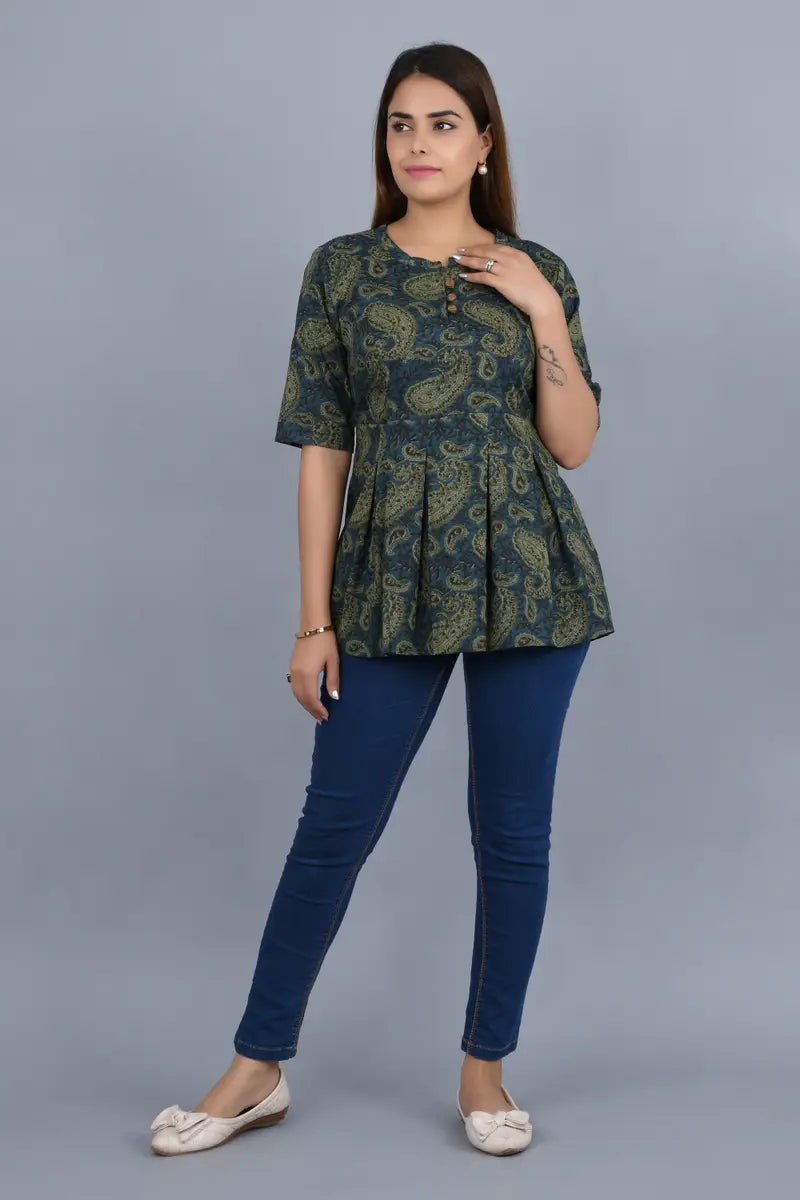 Green Self Printed Cotton Top with 3/4 Sleeves