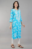 Blue Chikankari Cotton Straight Kurti