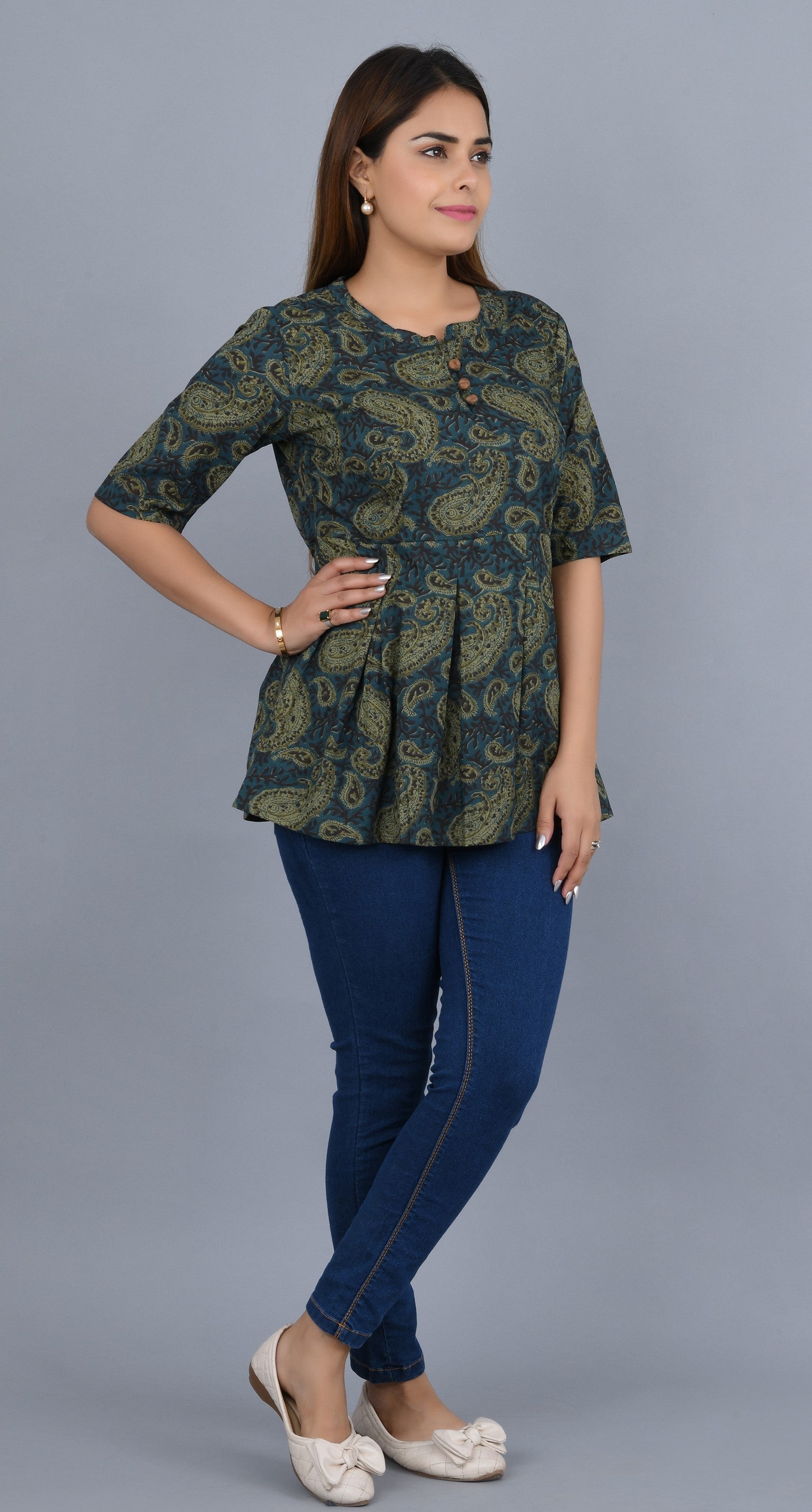Green Self Printed Cotton Top with 3/4 Sleeves