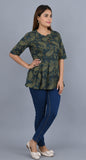 Green Self Printed Cotton Top with 3/4 Sleeves