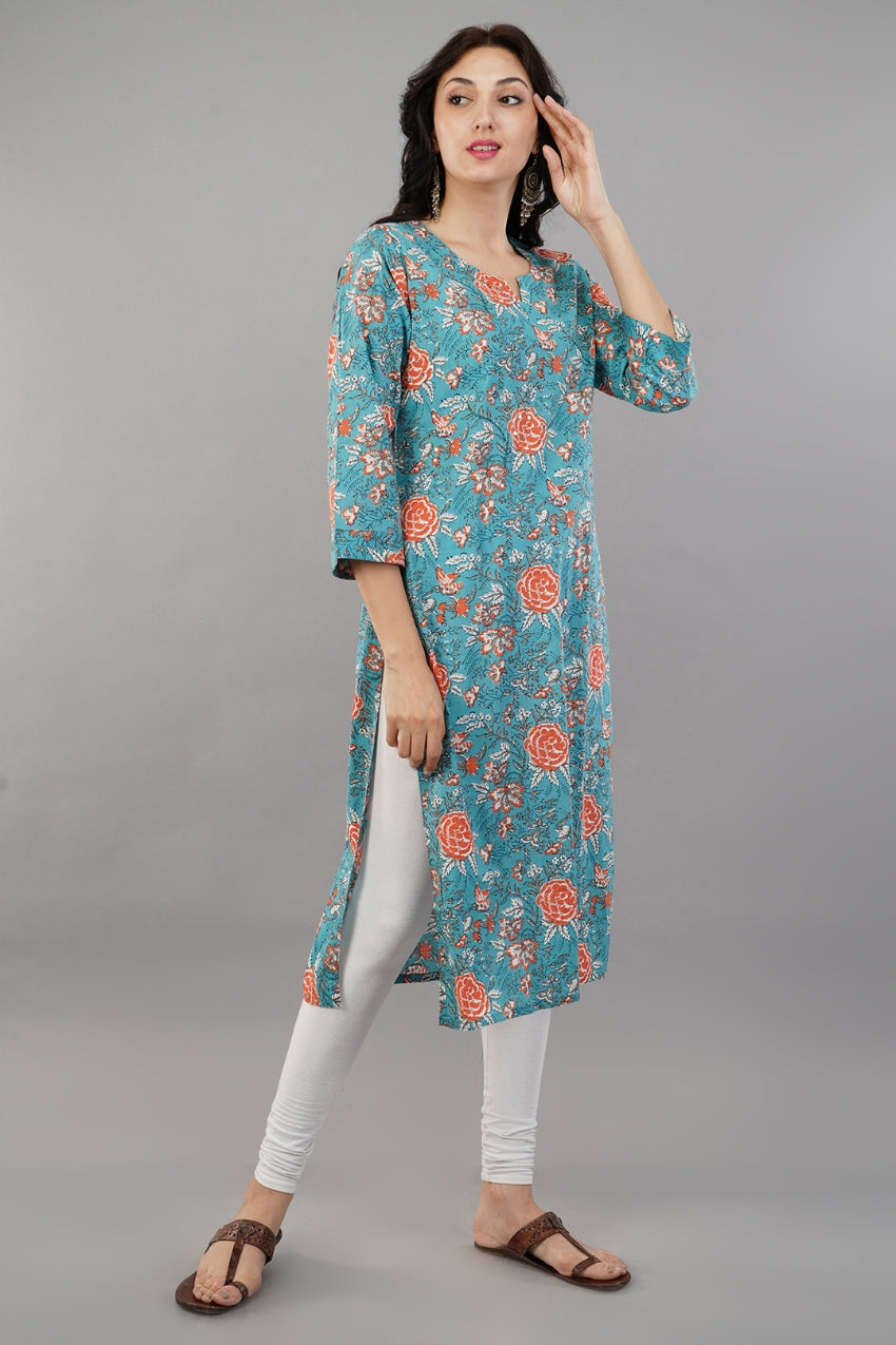 Blue Floral Printed Cotton Straight Kurti