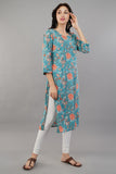 Blue Floral Printed Cotton Straight Kurti