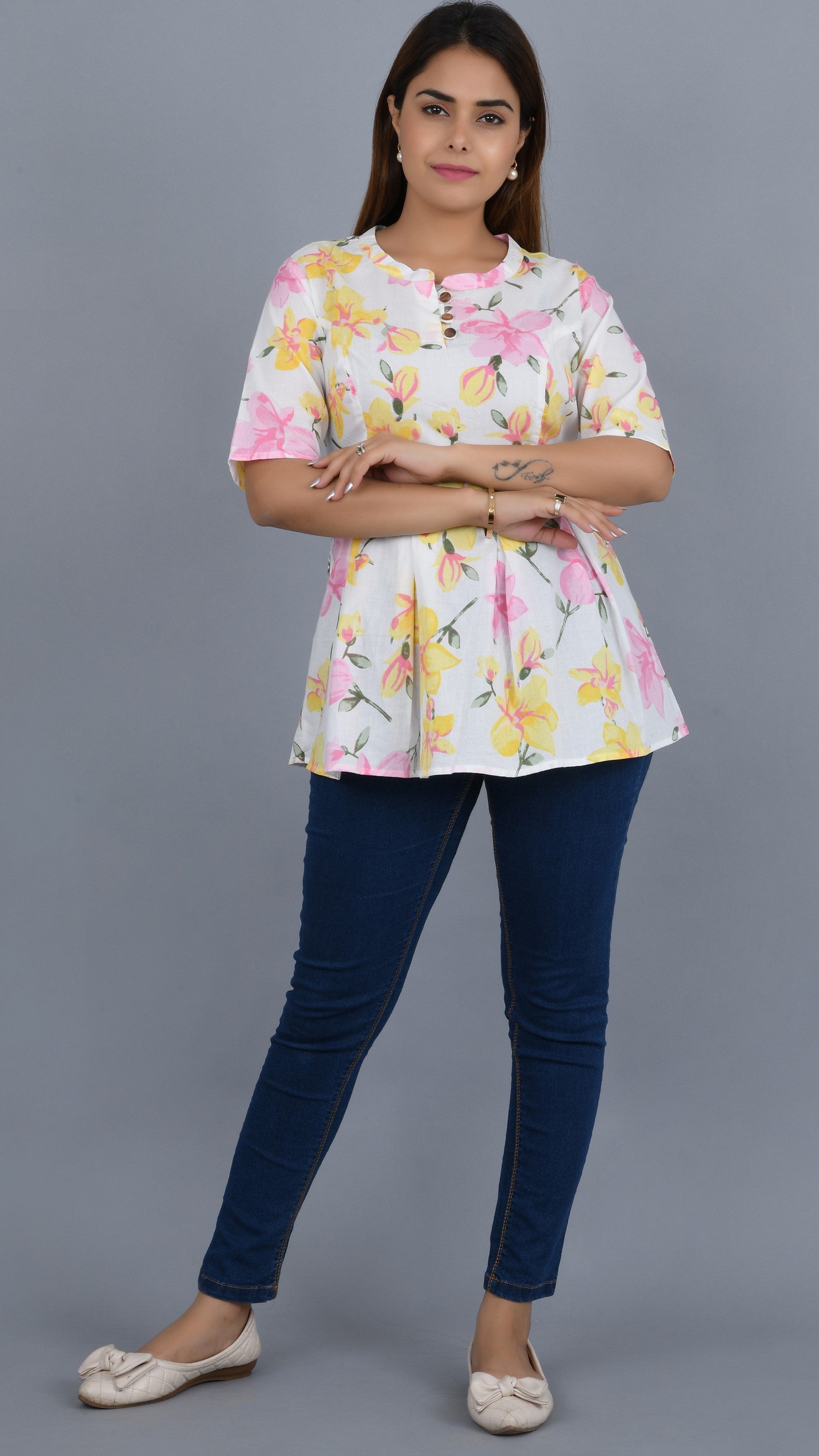 White Self Printed Cotton Top
