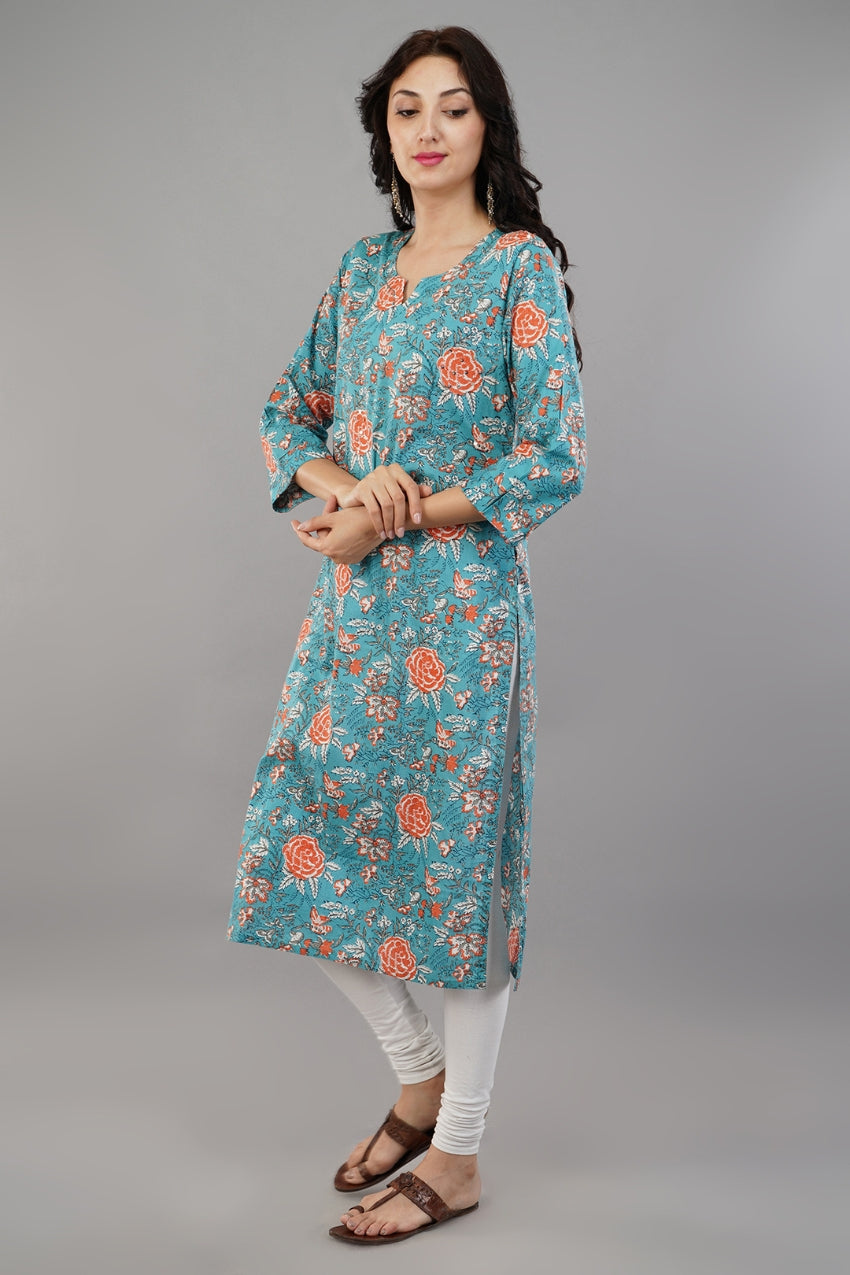 Blue Floral Printed Cotton Straight Kurti