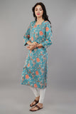 Blue Floral Printed Cotton Straight Kurti
