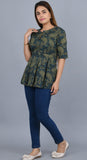Green Self Printed Cotton Top with 3/4 Sleeves