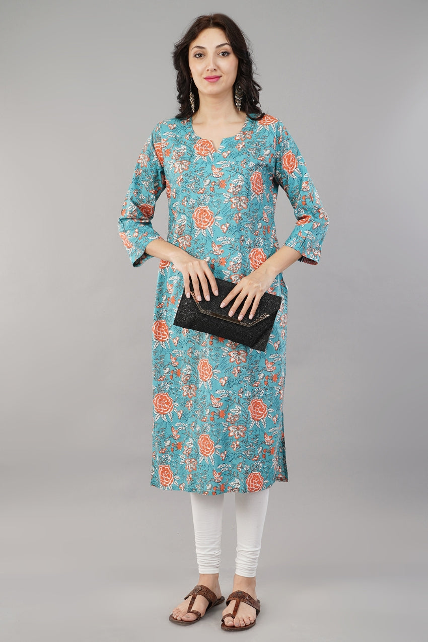 Blue Floral Printed Cotton Straight Kurti