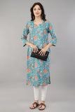Blue Floral Printed Cotton Straight Kurti