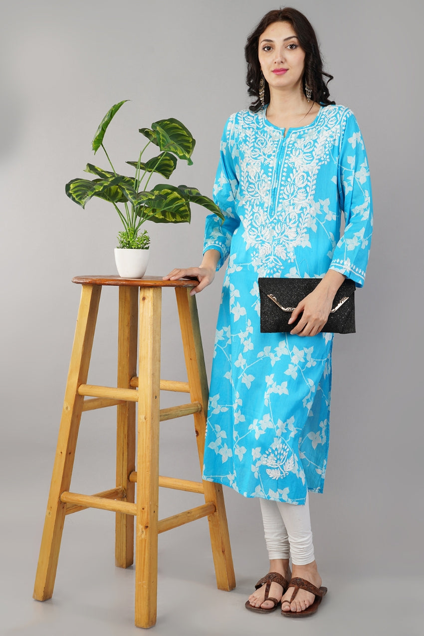 Blue Chikankari Cotton Straight Kurti