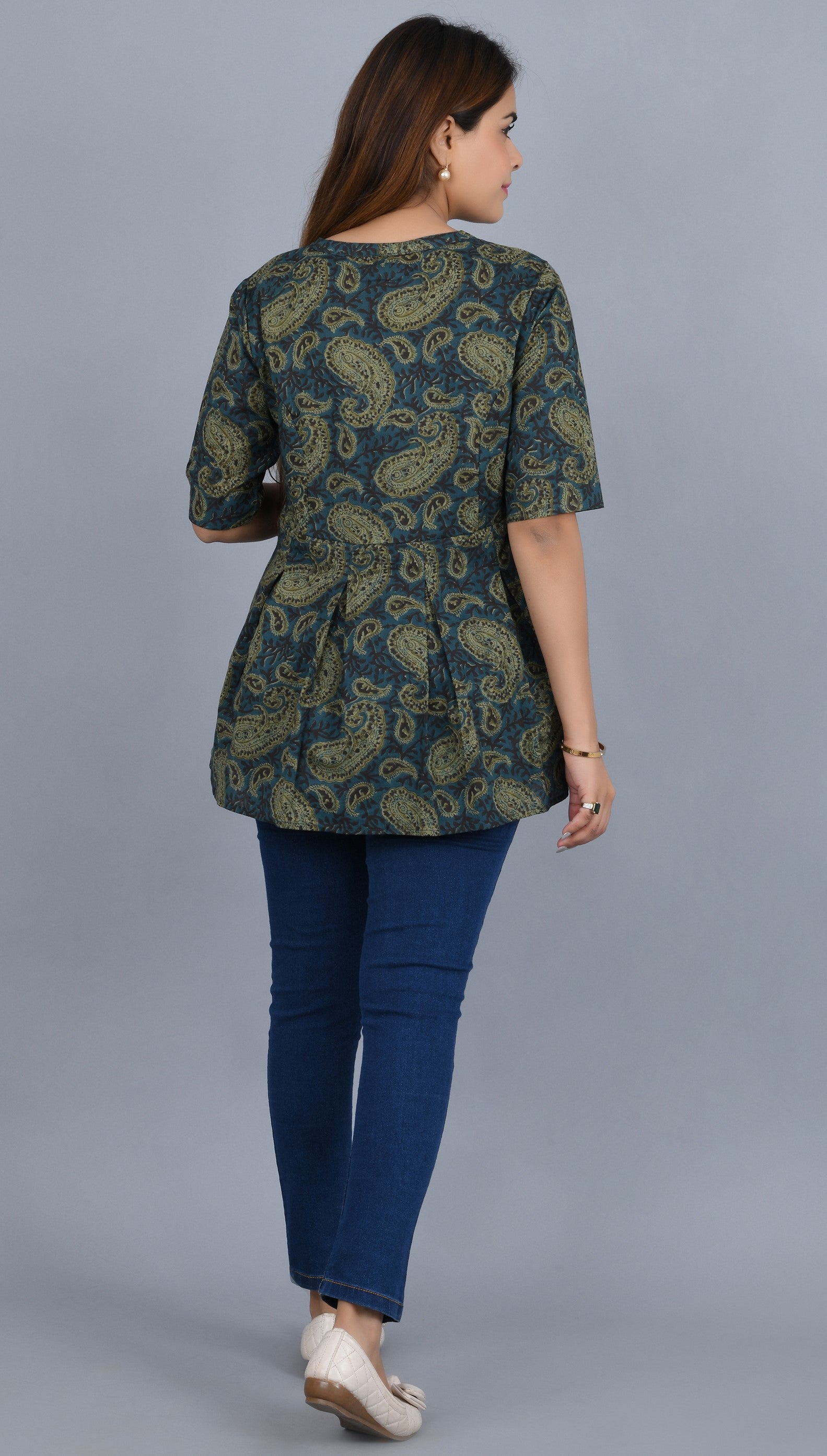 Green Self Printed Cotton Top with 3/4 Sleeves