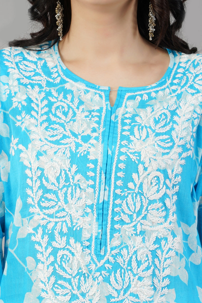 Blue Chikankari Cotton Straight Kurti