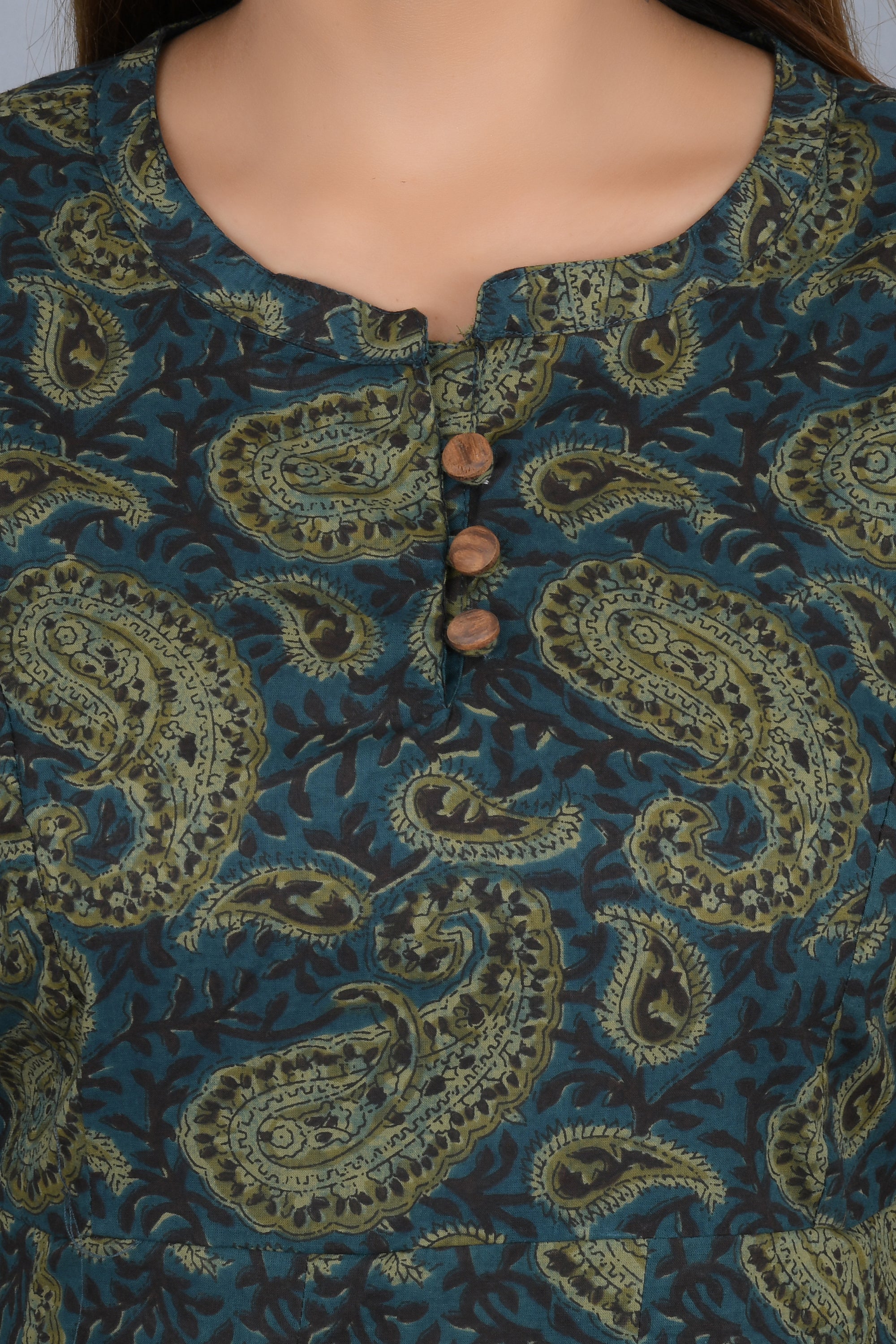 Green Self Printed Cotton Top with 3/4 Sleeves