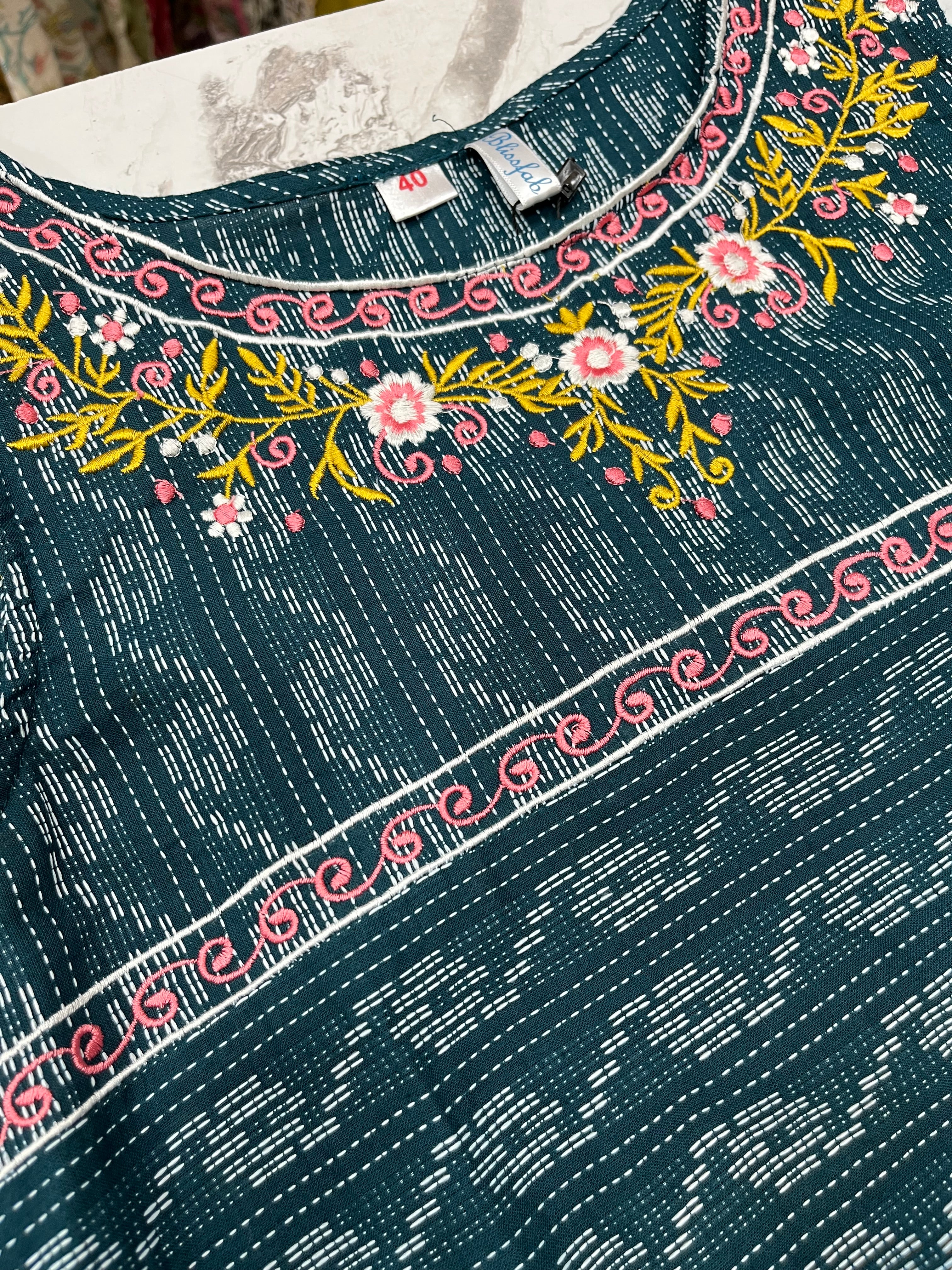 Blue Self Design Cotton Straight Kurti