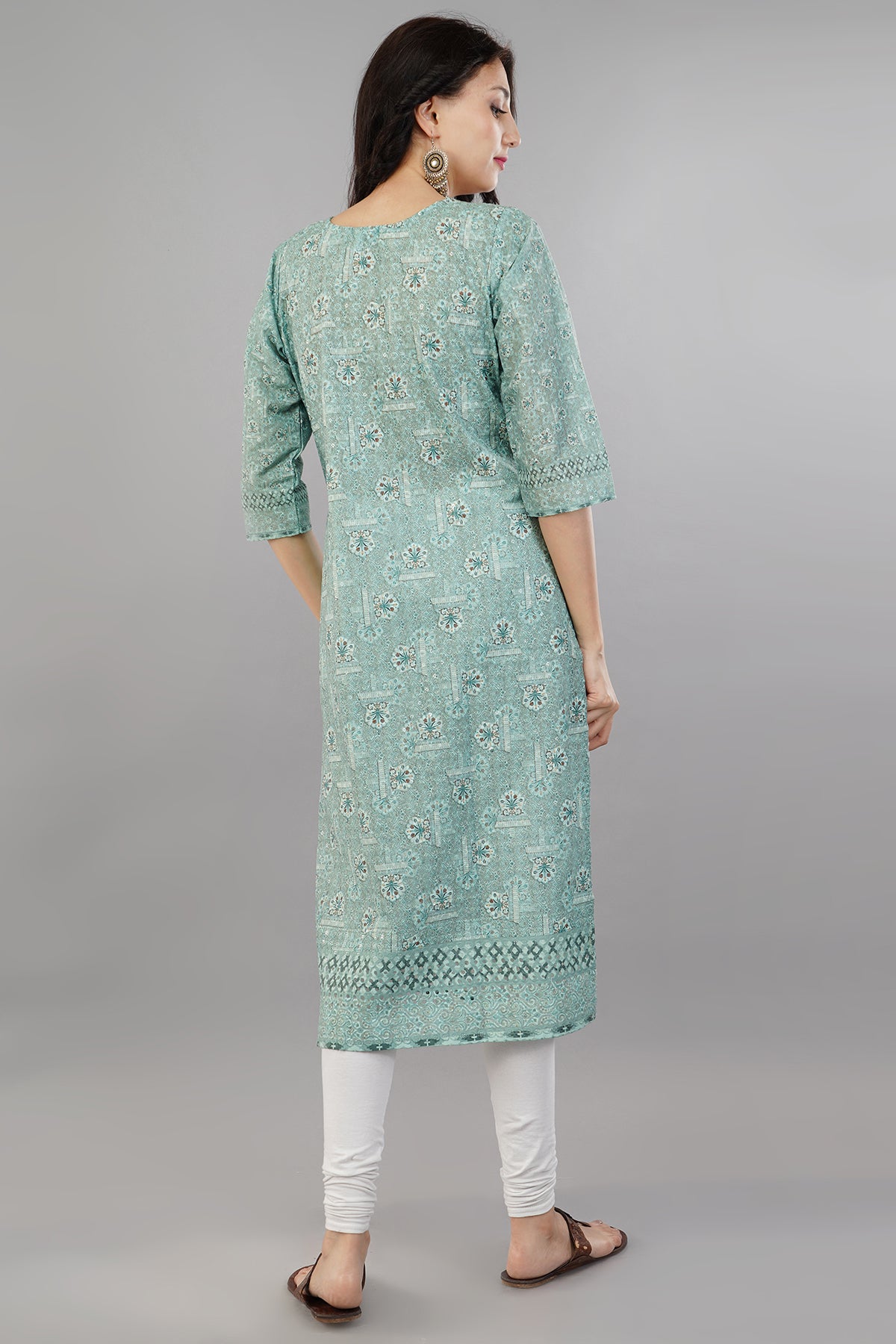 Green Self Printed Rayon Straight Kurti