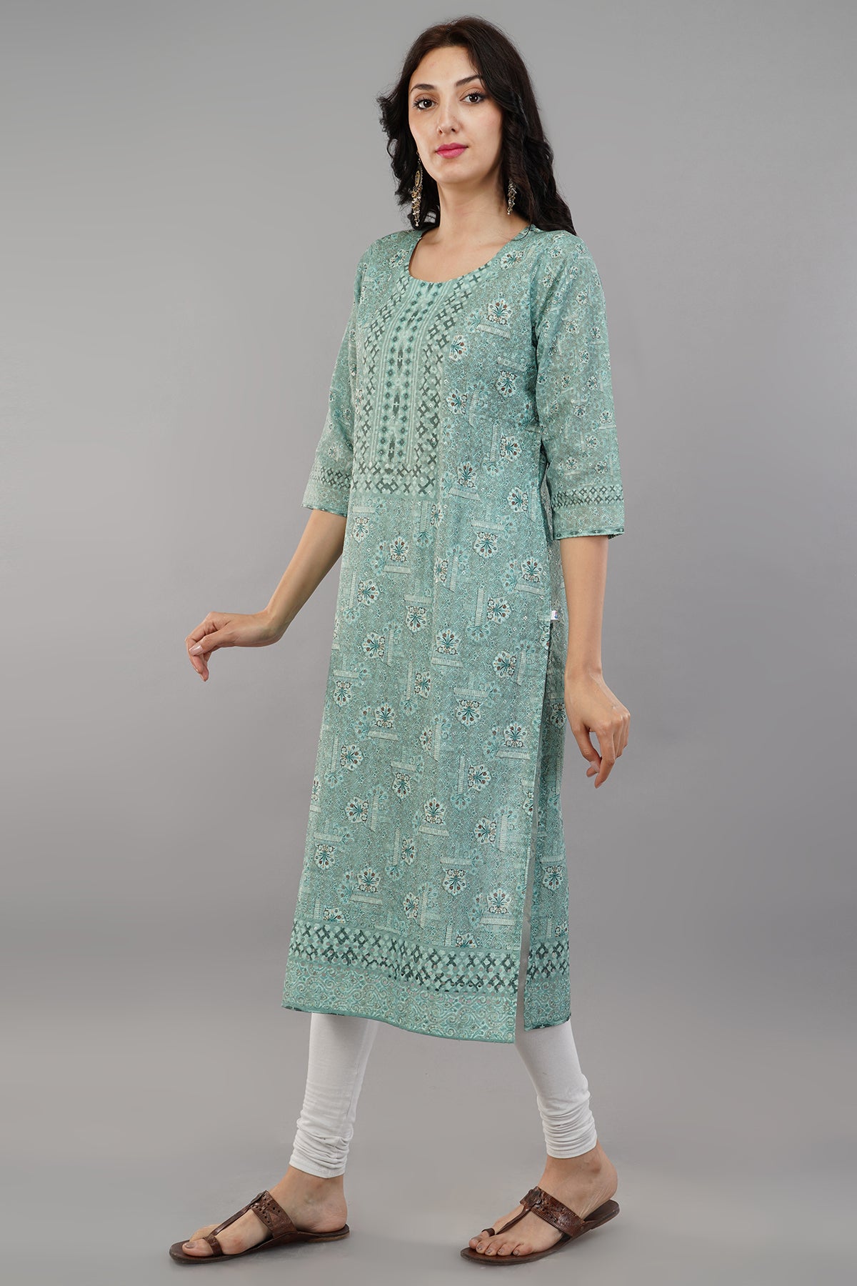 Green Self Printed Rayon Straight Kurti