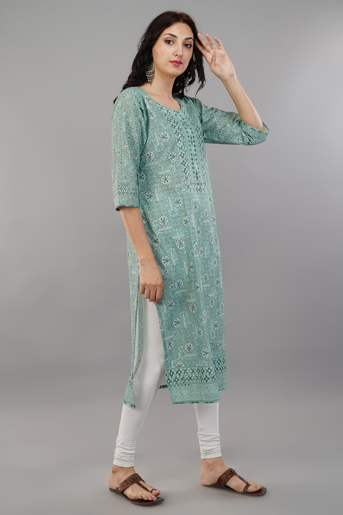 Green Self Printed Rayon Straight Kurti