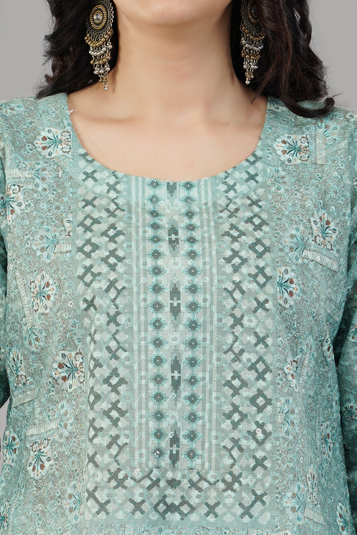 Green Self Printed Rayon Straight Kurti