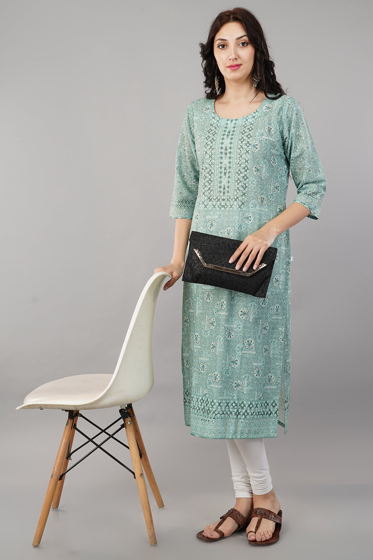 Green Self Printed Rayon Straight Kurti