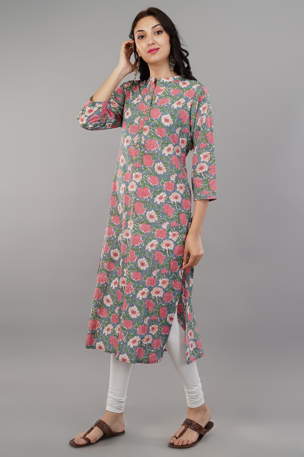 Multicolor Floral Printed Cotton Straight Kurti