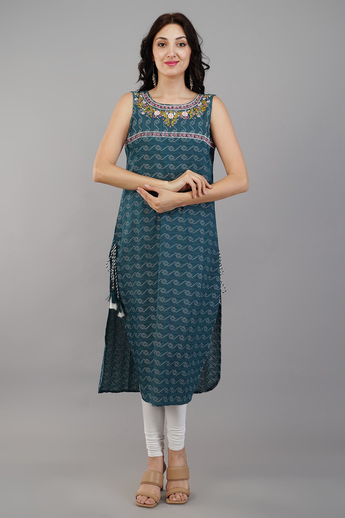 Blue Self Design Cotton Straight Kurti