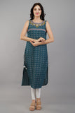 Blue Self Design Cotton Straight Kurti