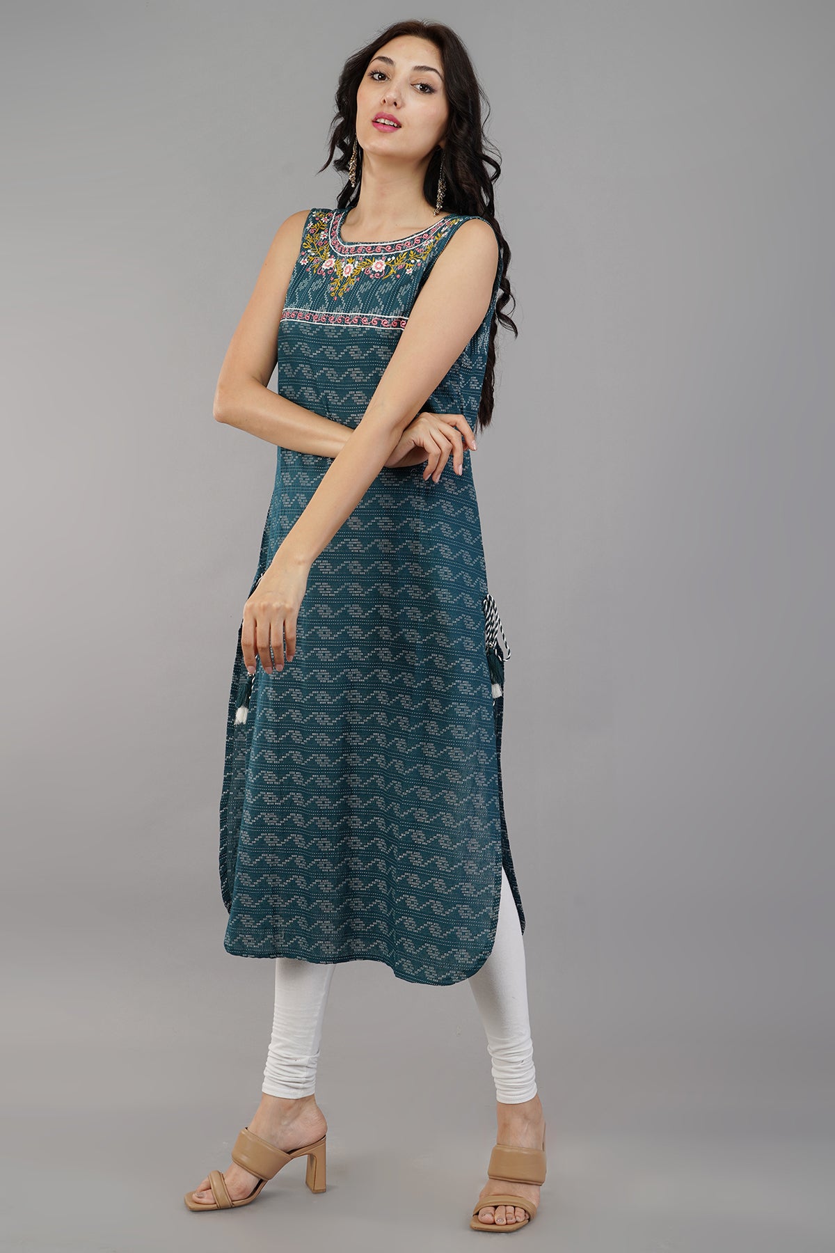Blue Self Design Cotton Straight Kurti