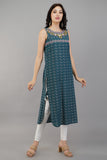 Blue Self Design Cotton Straight Kurti