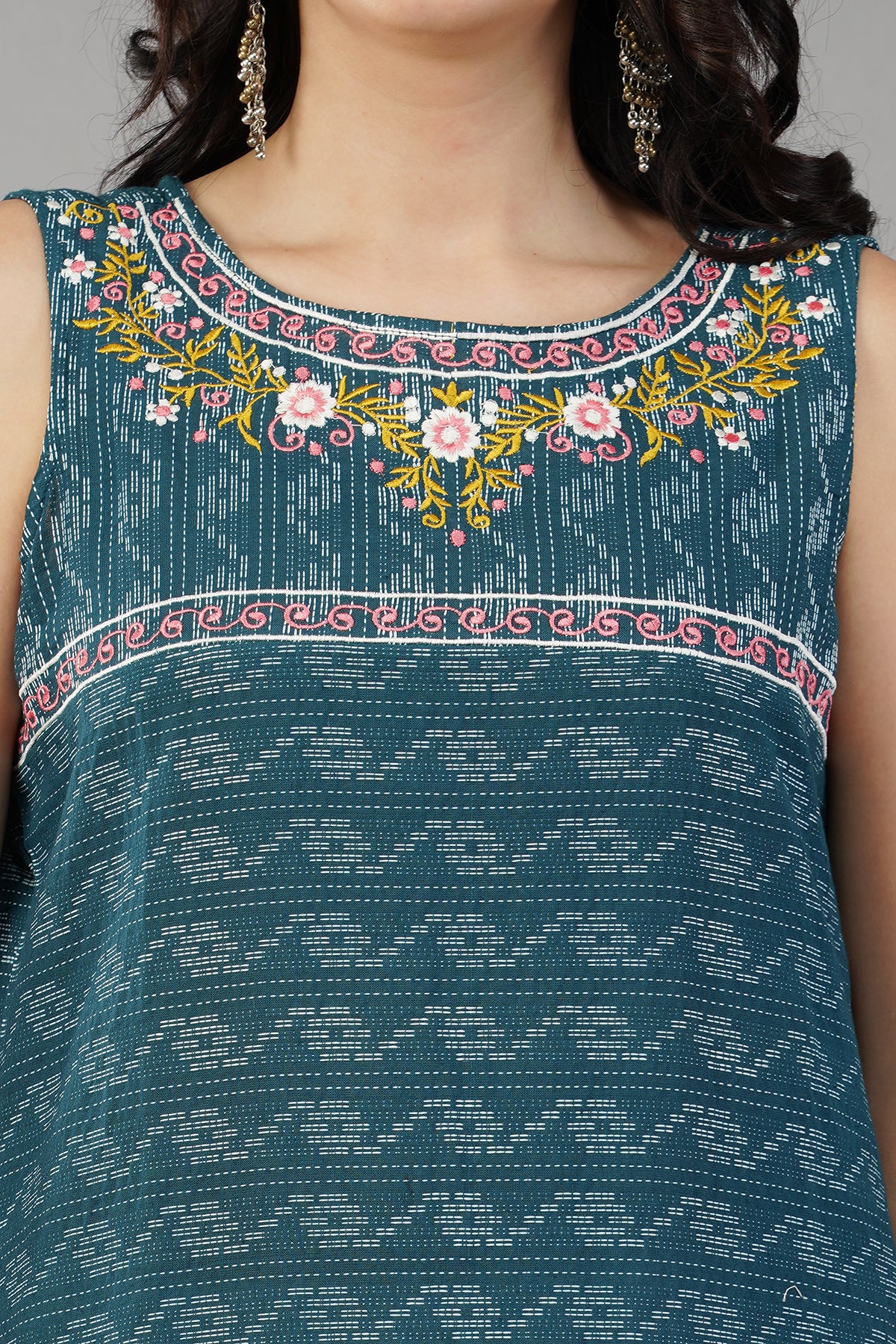 Blue Self Design Cotton Straight Kurti