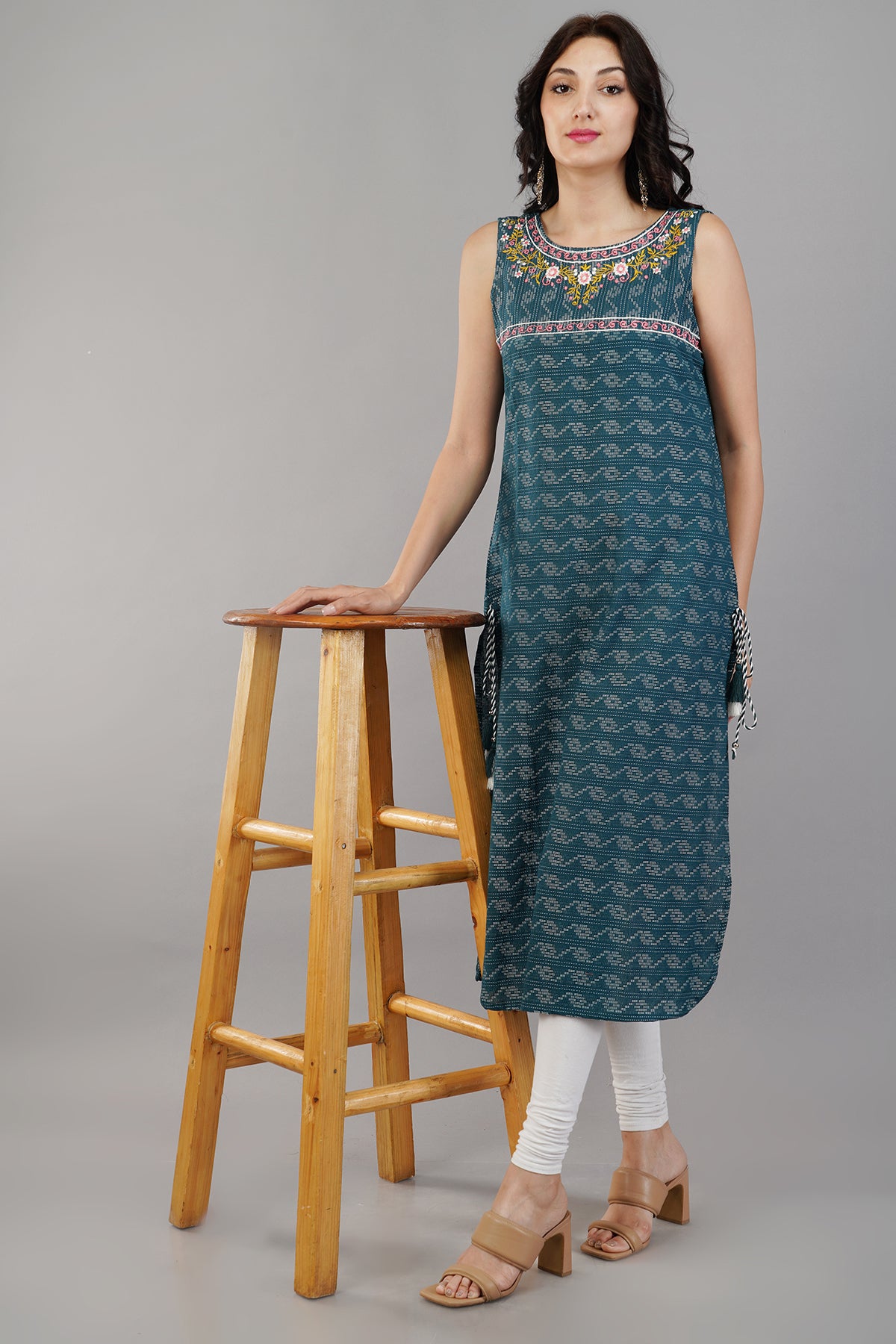 Blue Self Design Cotton Straight Kurti