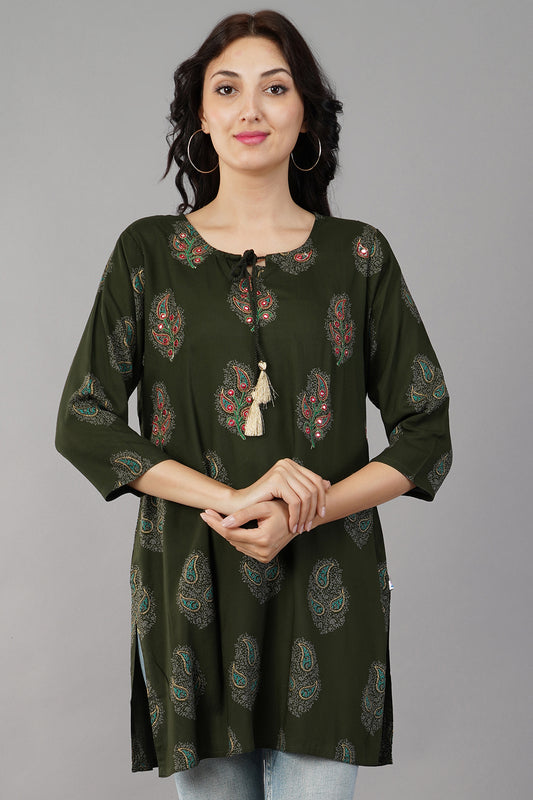 Green Printed Round Neck with Dori Rayon Top